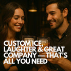 Happy couple toasting whiskey glasses with personalised ice cubes that spell “ICE” – perfect romantic gift idea for couples, Valentine’s Day, or date nights