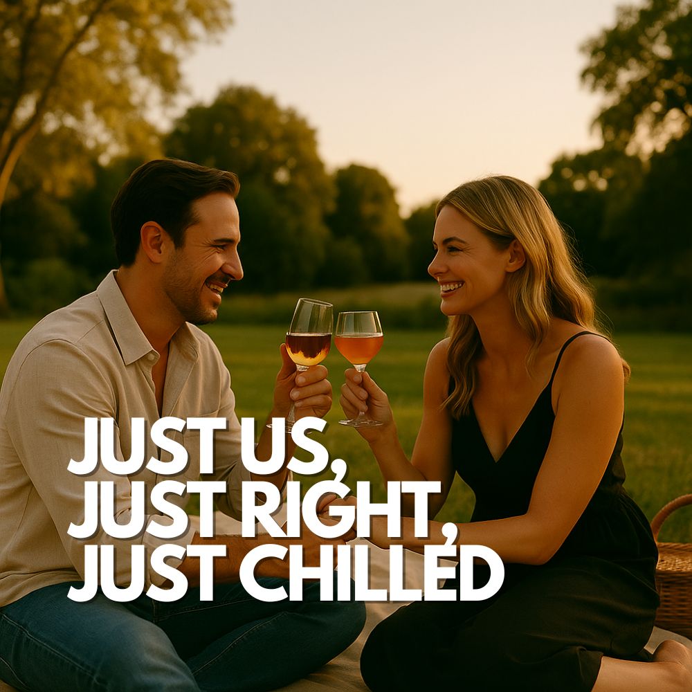 Romantic couple toasting with chilled drinks at sunset picnic, featuring personalised His & Hers Initials Ice Tray cubes for an intimate celebration
