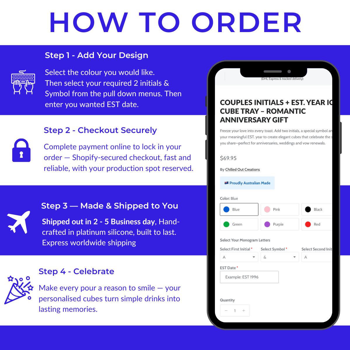 Step-by-step guide on how to order a personalized product with a smartphone screen displaying an order form.