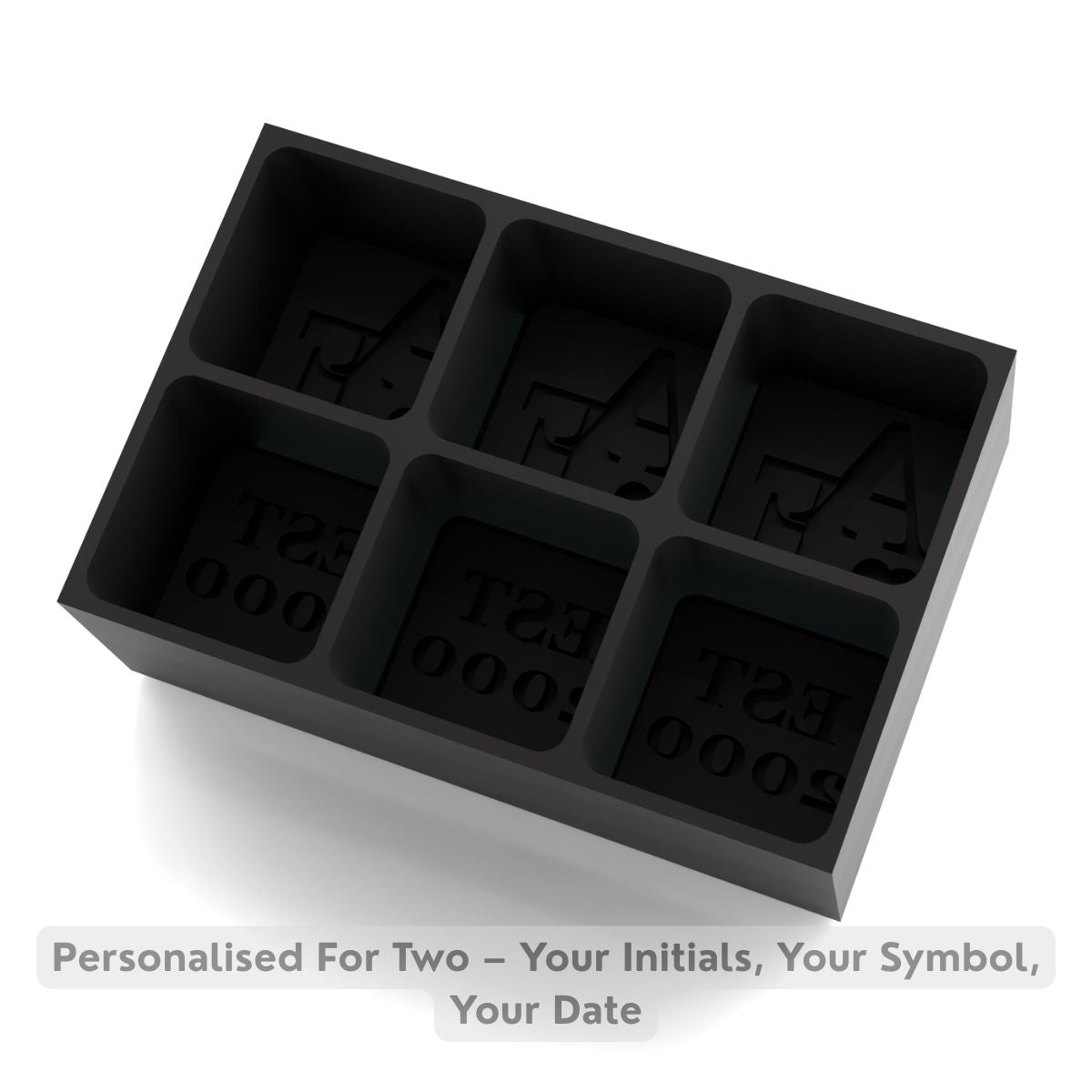 Black personalised ice cube tray for two initials with & or heart plus EST year; stylish barware gift