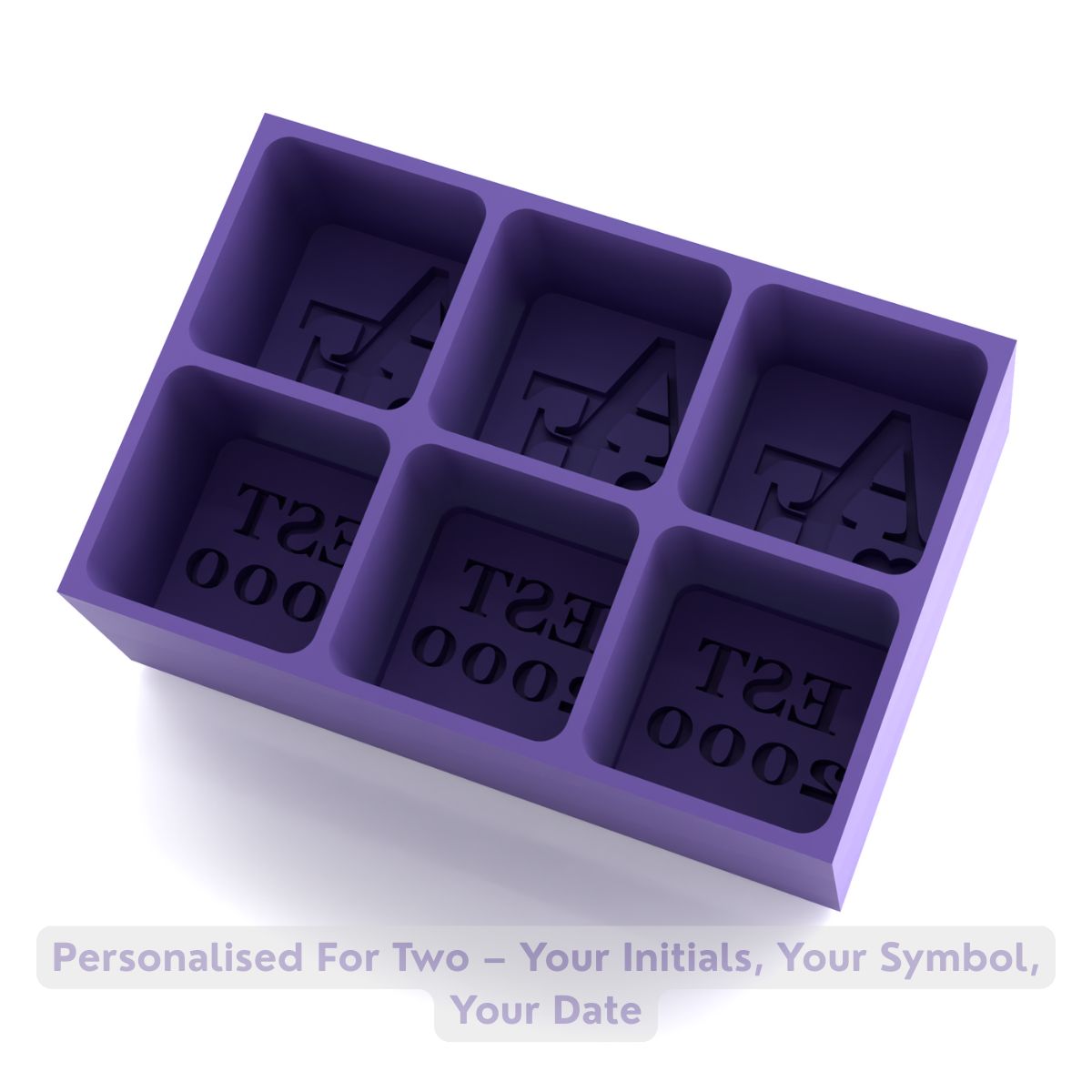 Purple silicone tray for custom initials and EST year; handmade Australian barware for anniversaries