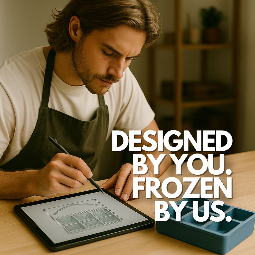Young artisan designing a personalised ice tray on a tablet, with blue silicone tray on desk – ideal for artists, creators, and personalised gifting.

