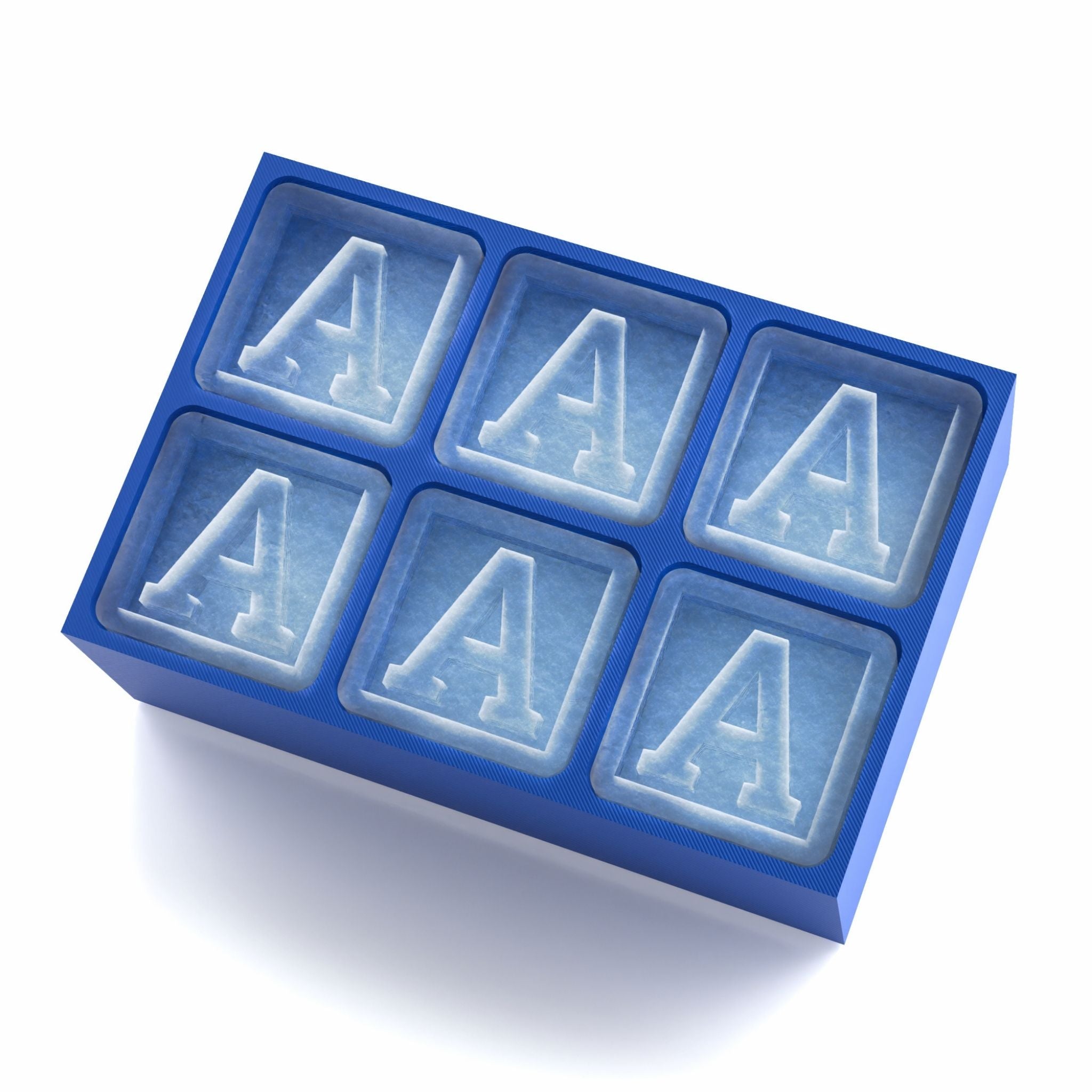 Vibrant blue personalised ice tray with bold A-shaped ice cubes, ideal for milestone birthdays, cocktail parties, and gifts