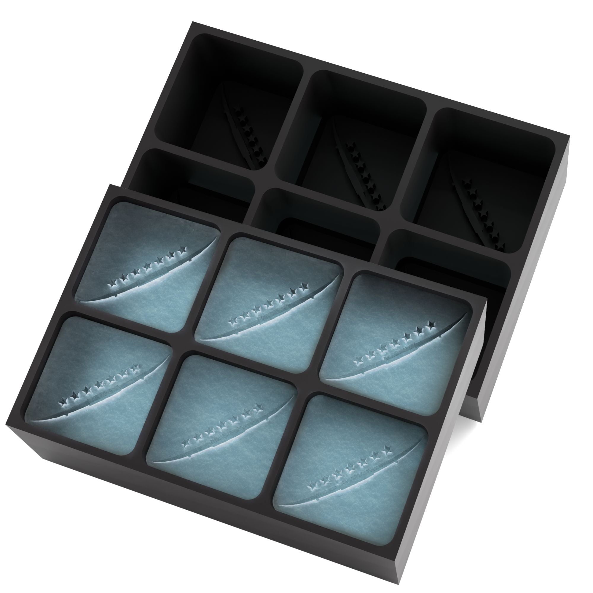 Black 6-cube silicone tray with stylised wing and stars logo frozen into cubes — bespoke branded ice mould for events and drinks.