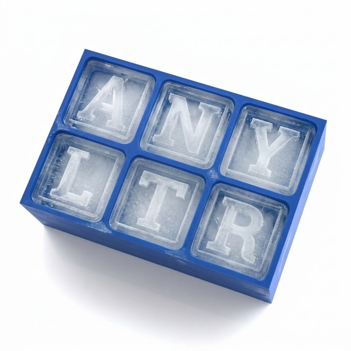 Blue 6-cube silicone ice tray featuring the letters A, N, Y, L, T, and R in frosty ice, representing that customers can choose any letter for a personalised gift
