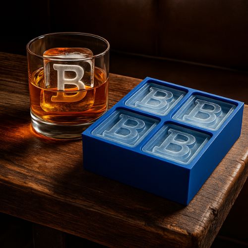 Blue silicone alphabet ice tray with four large cube molds, each showing the letter 'B', next to a whiskey glass with a bold 'B' ice cube inside, placed on a rustic wooden bar.