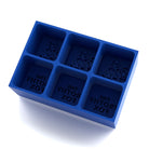 Interior of royal-blue 6-cube ice tray mould showing mirrored “THE FROTHY FOX” wordmark and fox-and-beer logo — upload PNG/JPG to create branded ice for bars.