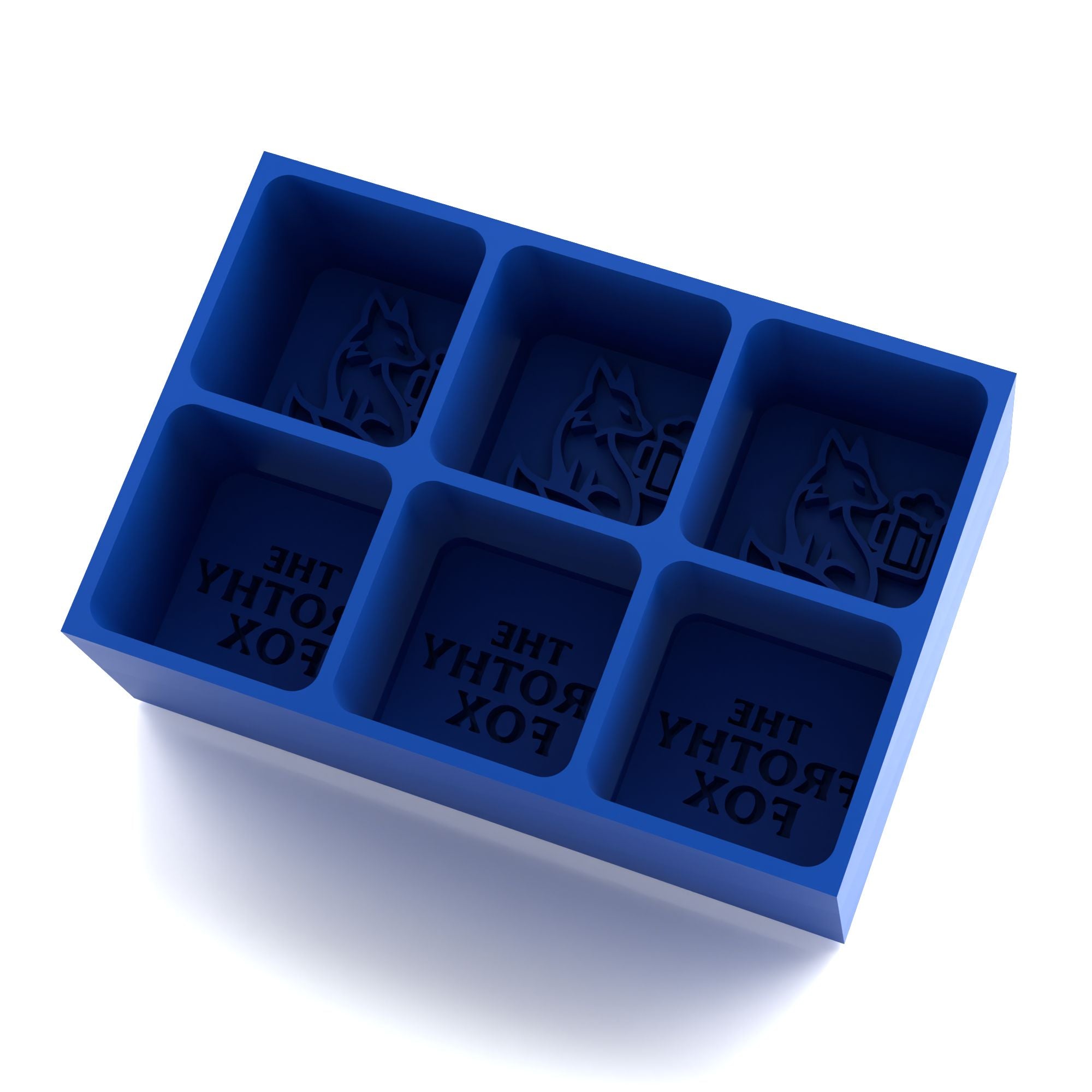 Interior of royal-blue 6-cube ice tray mould showing mirrored “THE FROTHY FOX” wordmark and fox-and-beer logo — upload PNG/JPG to create branded ice for bars.