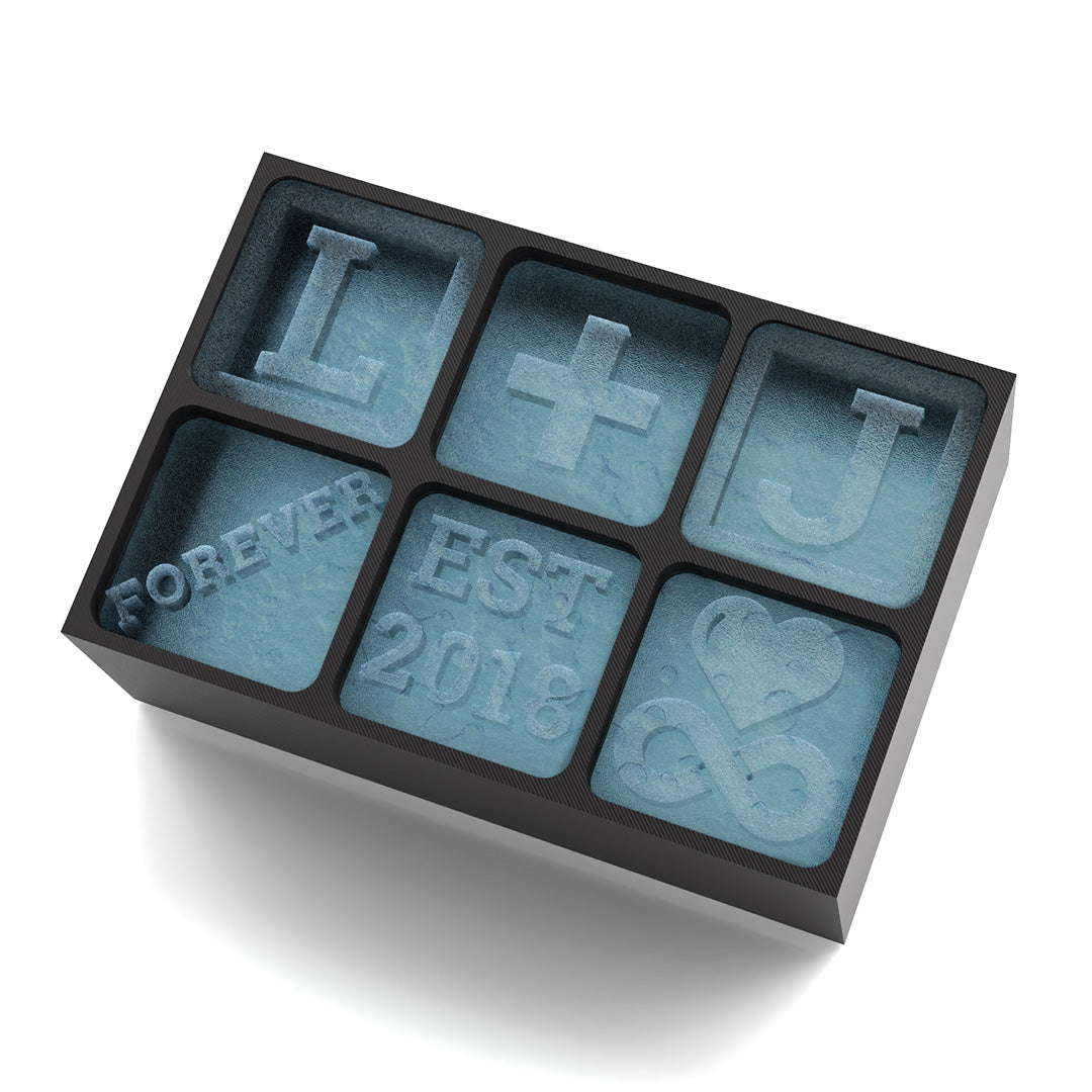 Black silicone ice tray with engraved L+J, Forever, EST 2018, and heart infinity symbol – ideal for weddings or anniversaries.