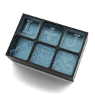 A Black 6-cube personalised silicone ice tray featuring the initials “L + J”, the word “FOREVER”, “EST 2018”, and a heart with ampersand symbol, perfect for romantic gifts, weddings, or anniversaries.