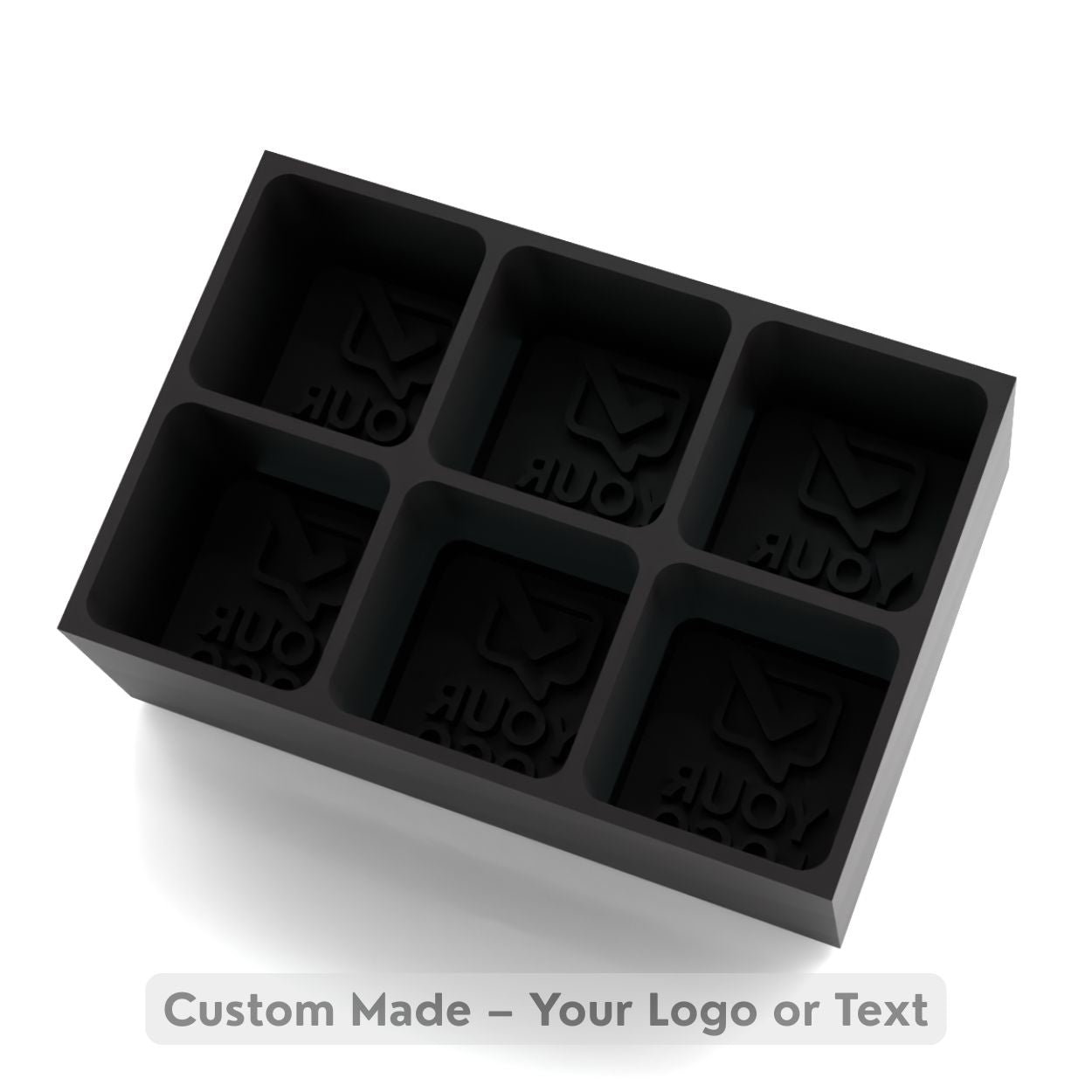 Black custom silicone ice tray with six large cube cavities, engraved with “Your Logo” example, ready for custom logo or wording.