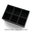 Black custom silicone ice tray with six large cube cavities, engraved with “Your Logo” example, ready for custom logo or wording.
