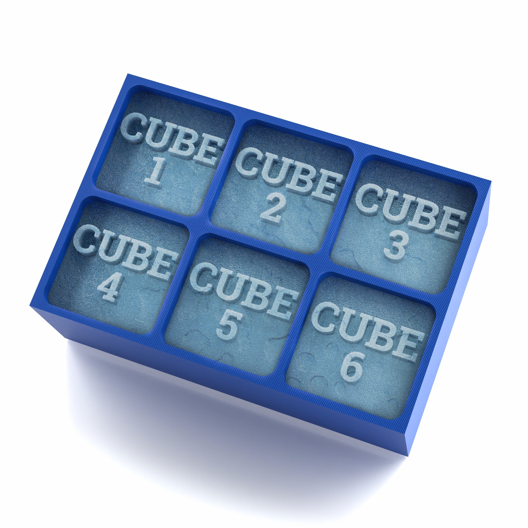 A blue 6-cube silicone ice tray with each cube featuring raised lettering and numbering from 1 to 6, designed for custom frozen messages or branding.