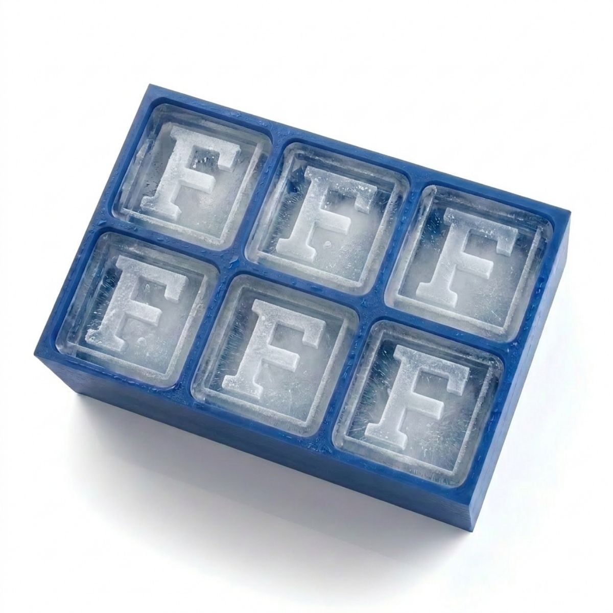 Blue silicone ice cube tray with six large cubes each featuring the letter F, perfect for men’s gifts and celebrations