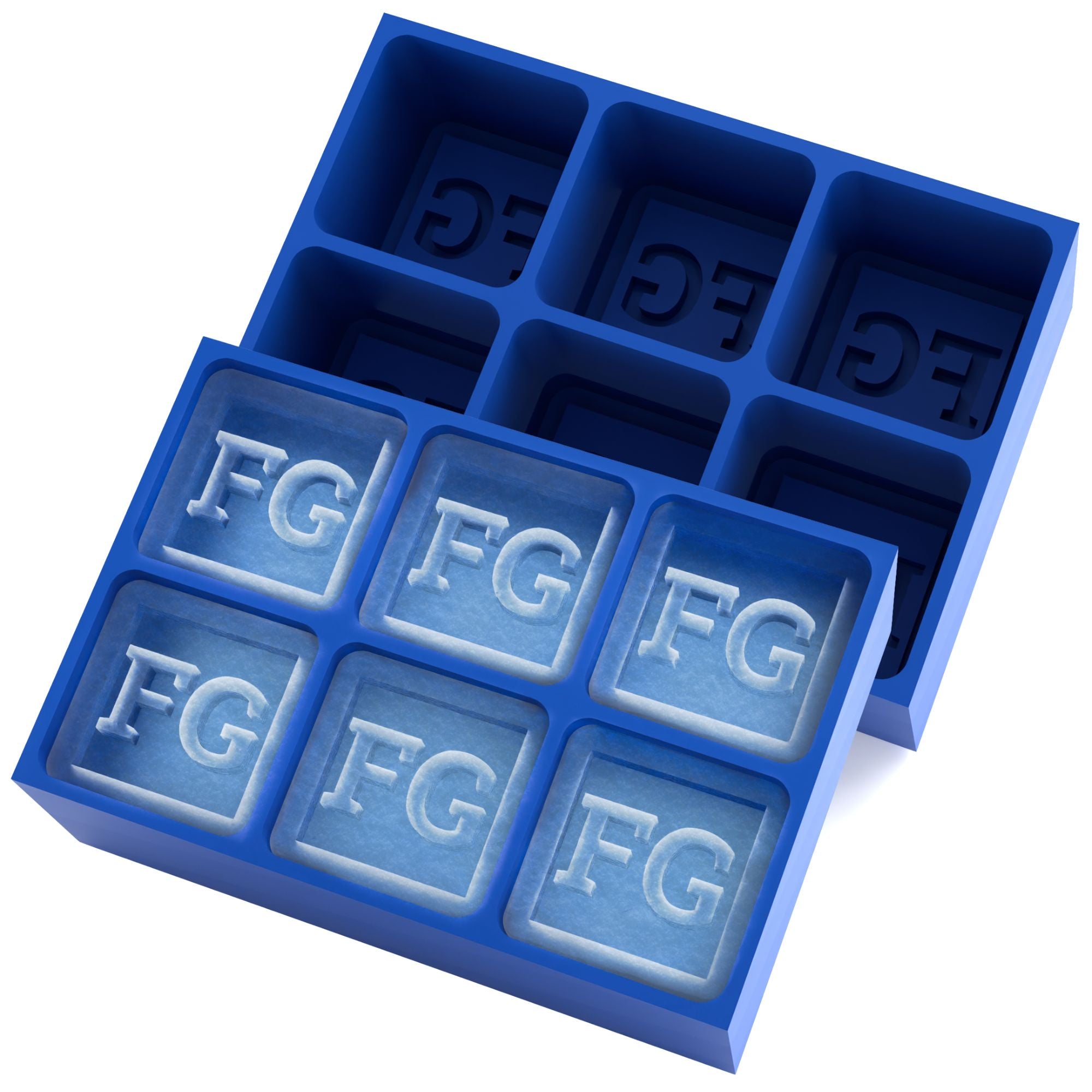 Royal-blue 6-cube tray with FG initials frozen into crisp square ice cubes — custom logo ice mould handmade in Australia.