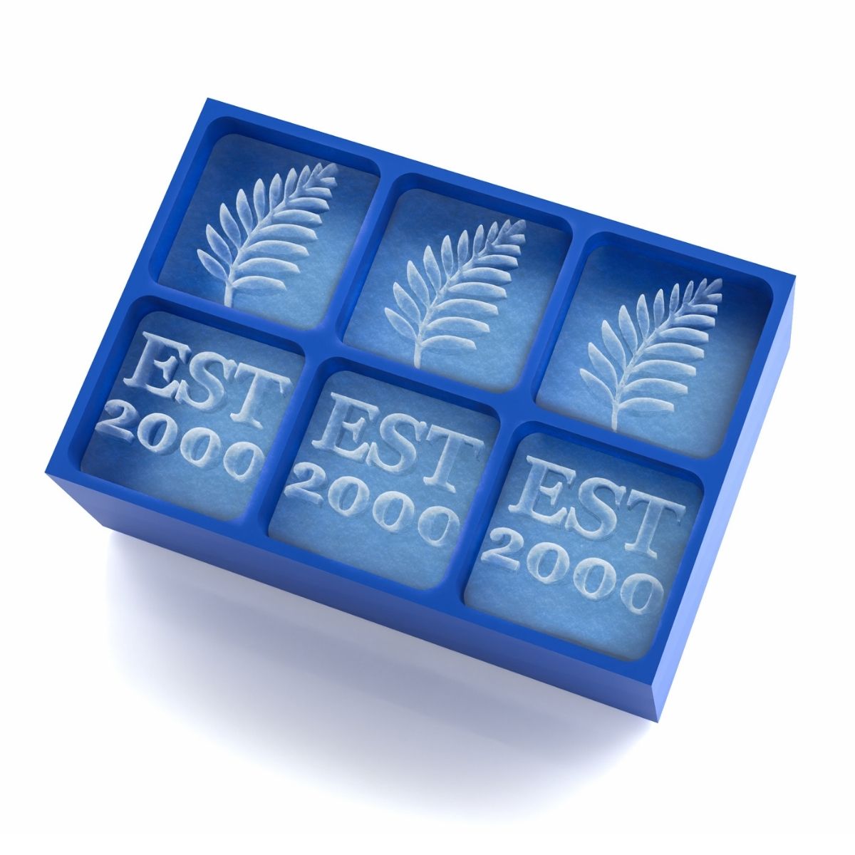 Blue 6-cube custom ice tray with decorative fern leaf design and EST 2000 date text compartments for botanical themed ice cubes