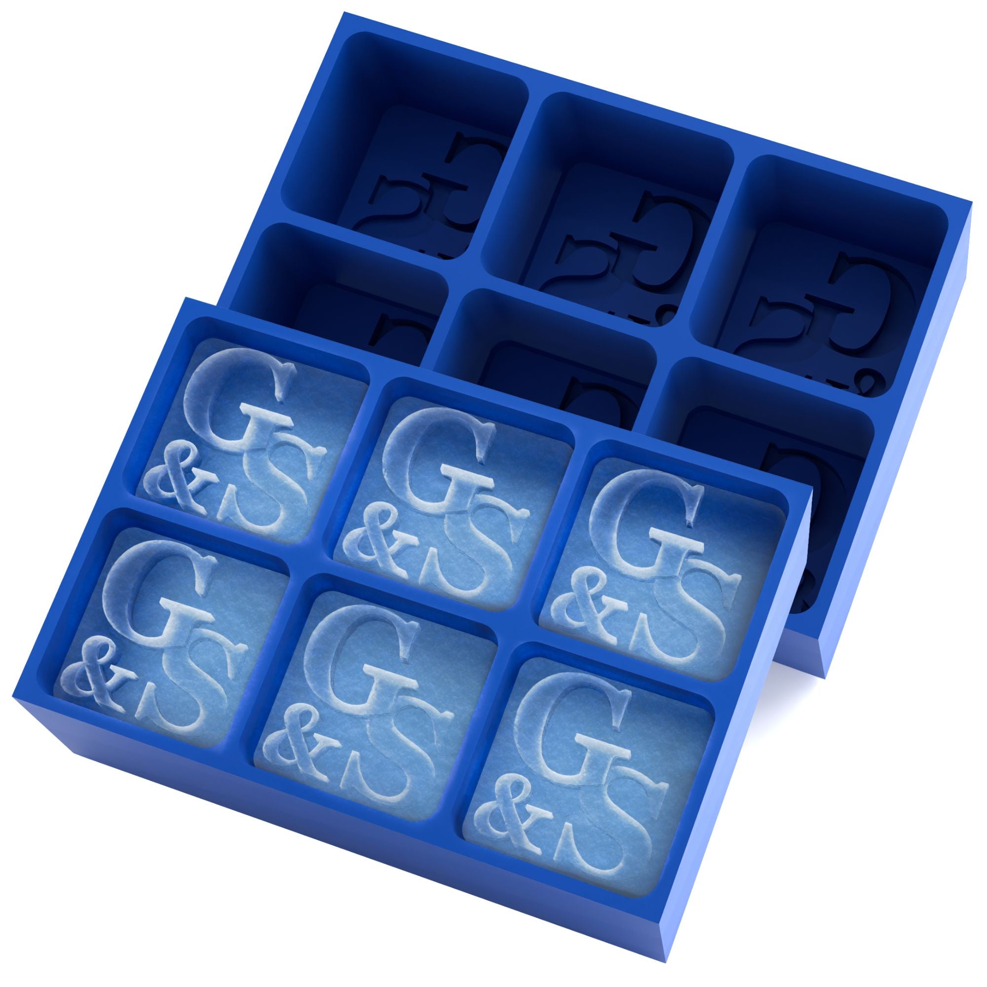 Royal-blue 6-cube tray with GS logo and ampersand frozen into crisp square ice cubes — handmade Australian promotional ice mould.