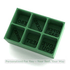 Green platinum-silicone ice cube tray with six cube cavities for personalised text — stylish Father’s Day gift idea for dads who love whisky or cocktails.