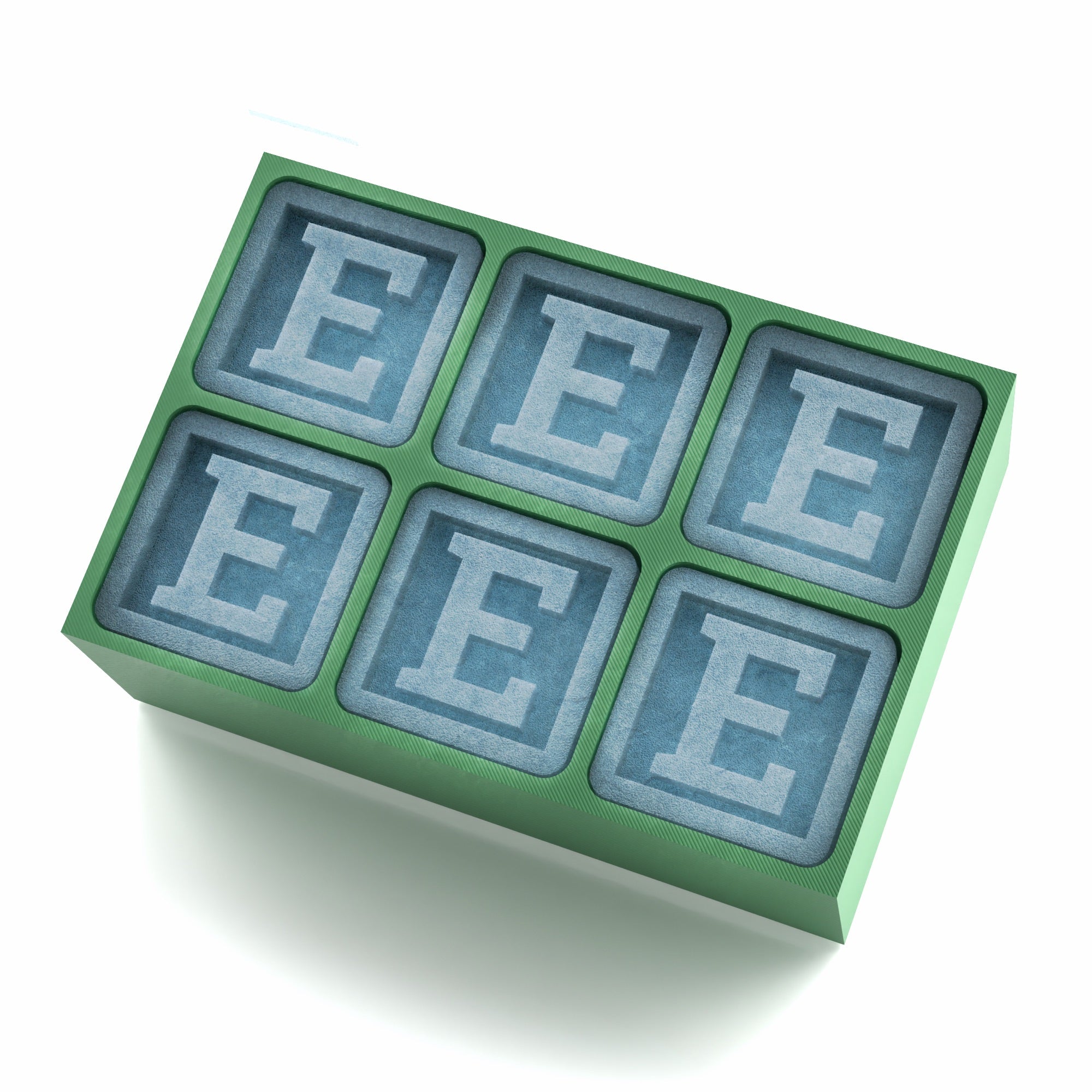 Green 6-cube ice tray featuring the letter “E” in each cube, handmade and ready for gifting