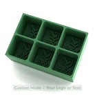 Green custom silicone ice tray with six large cube cavities, “Your Logo” sample engraving, showing made-to-order design.