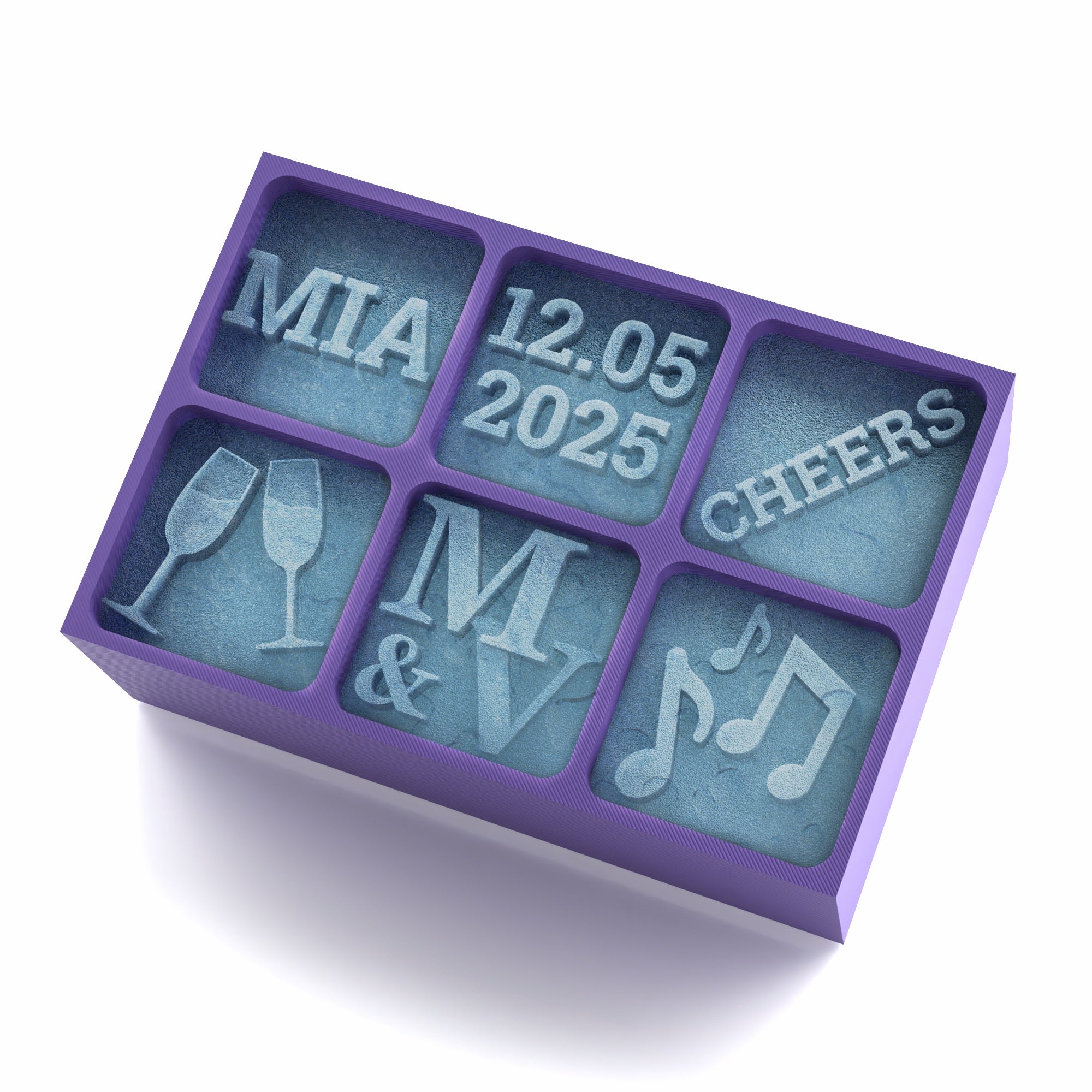 A purple 6-cube silicone ice tray with custom designs including a name (MIA), a date (12.05.2025), word 'CHEERS', champagne glasses, initials (M & V), and music notes. Perfect for weddings, celebrations, or anniversaries.