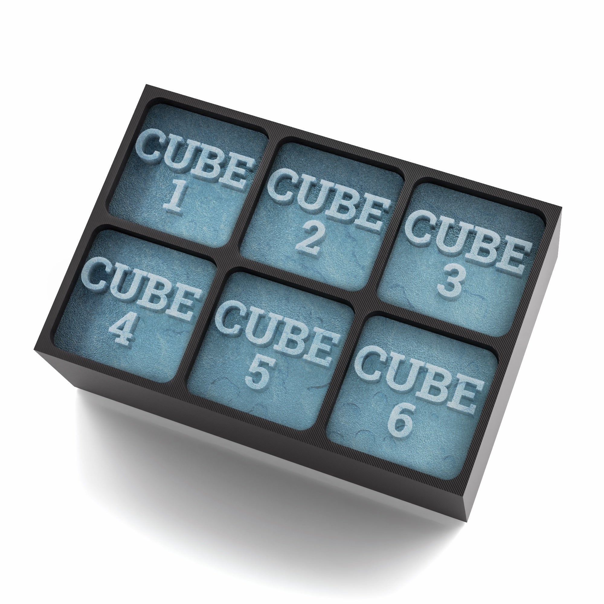 Black custom ice tray with numbered cubes 1 to 6, engraved text “CUBE” in each square.