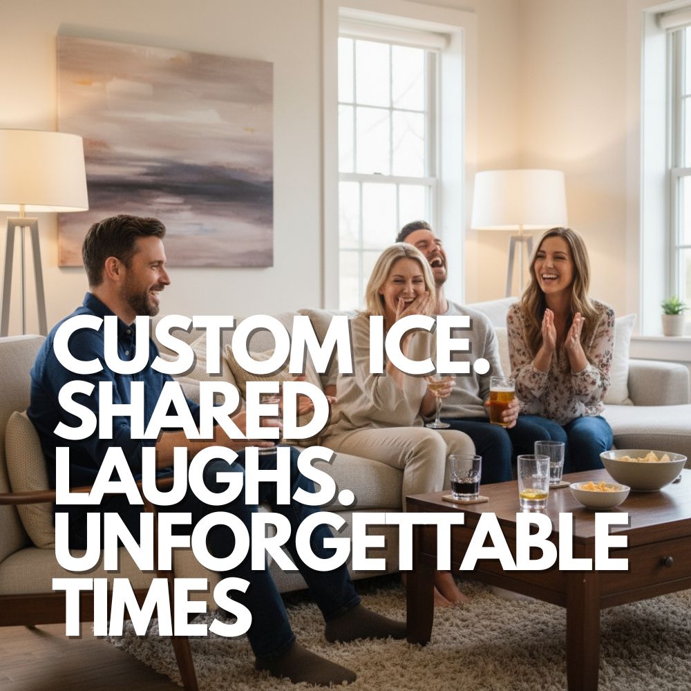 Group of friends laughing together in a bright living room, drinks in hand with custom ice cubes made using personalised silicone ice cube trays by Chilled Out Creations — handmade in Australia for shared moments and lasting memories.