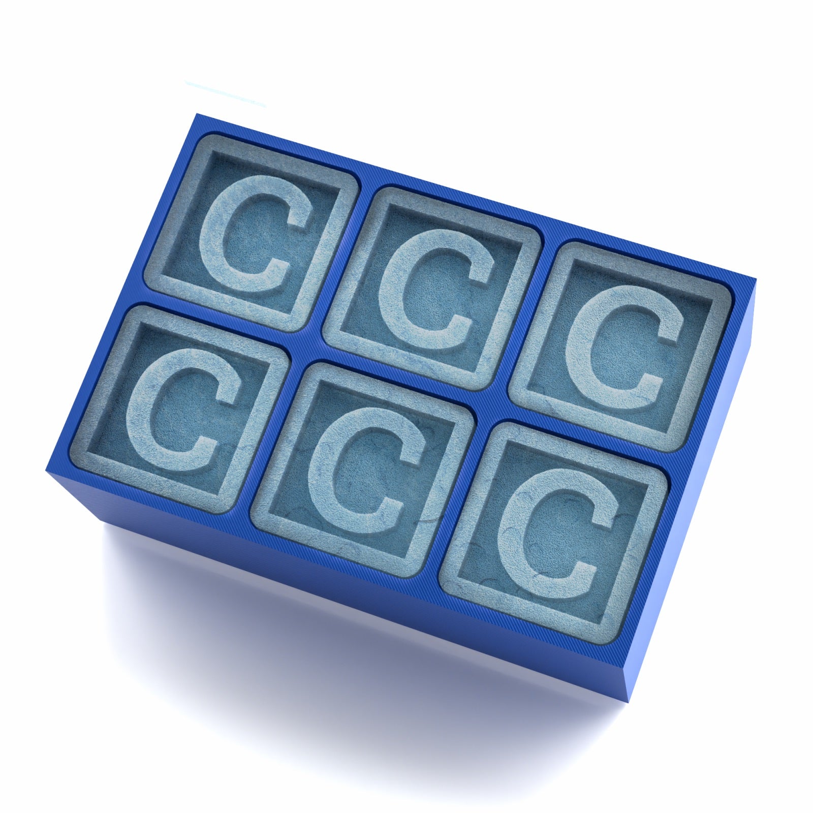 Blue silicone ice cube tray with six raised letter C designs in each cube slot