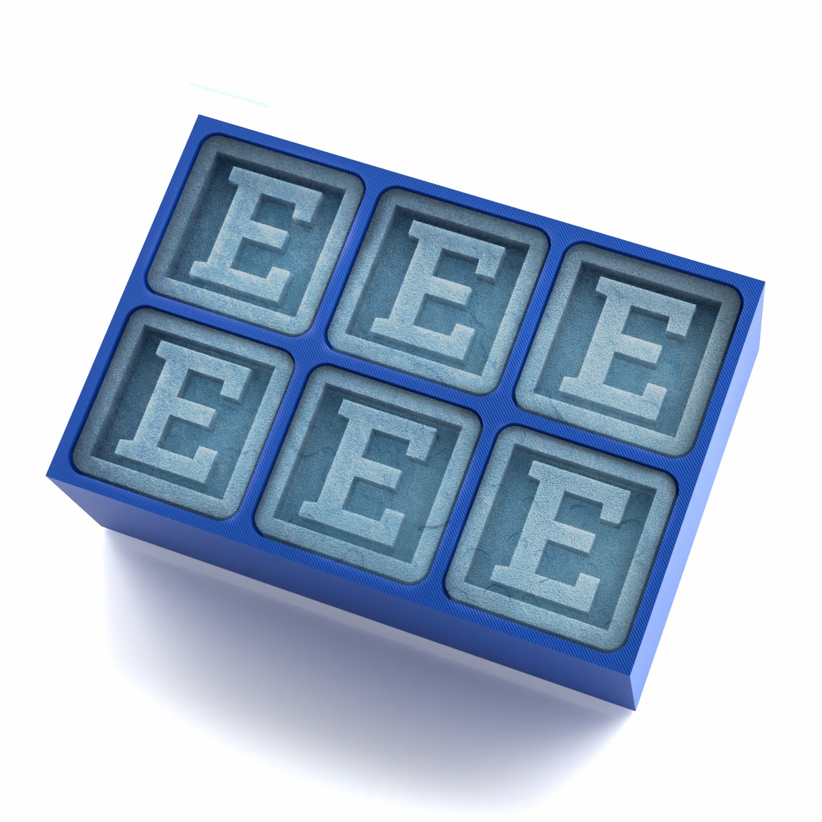 Blue silicone ice cube tray with six raised letter E designs in each cube slot