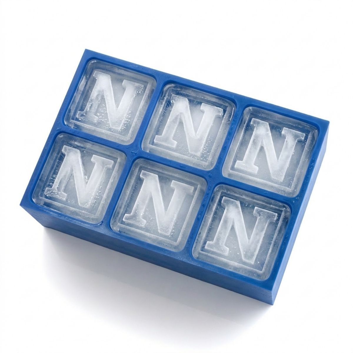 Blue silicone ice cube tray with six raised letter N designs in each cube slot