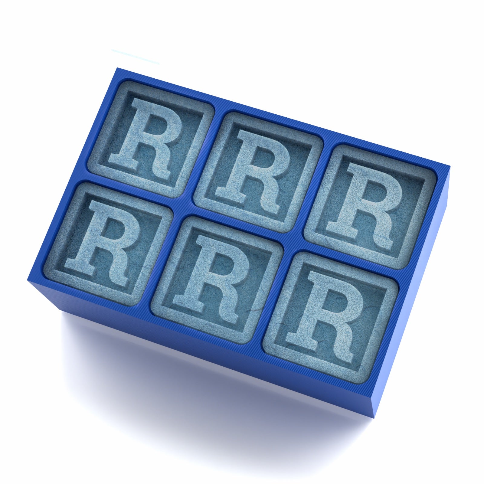 Blue silicone ice cube tray with six raised letter R designs in each cube slot