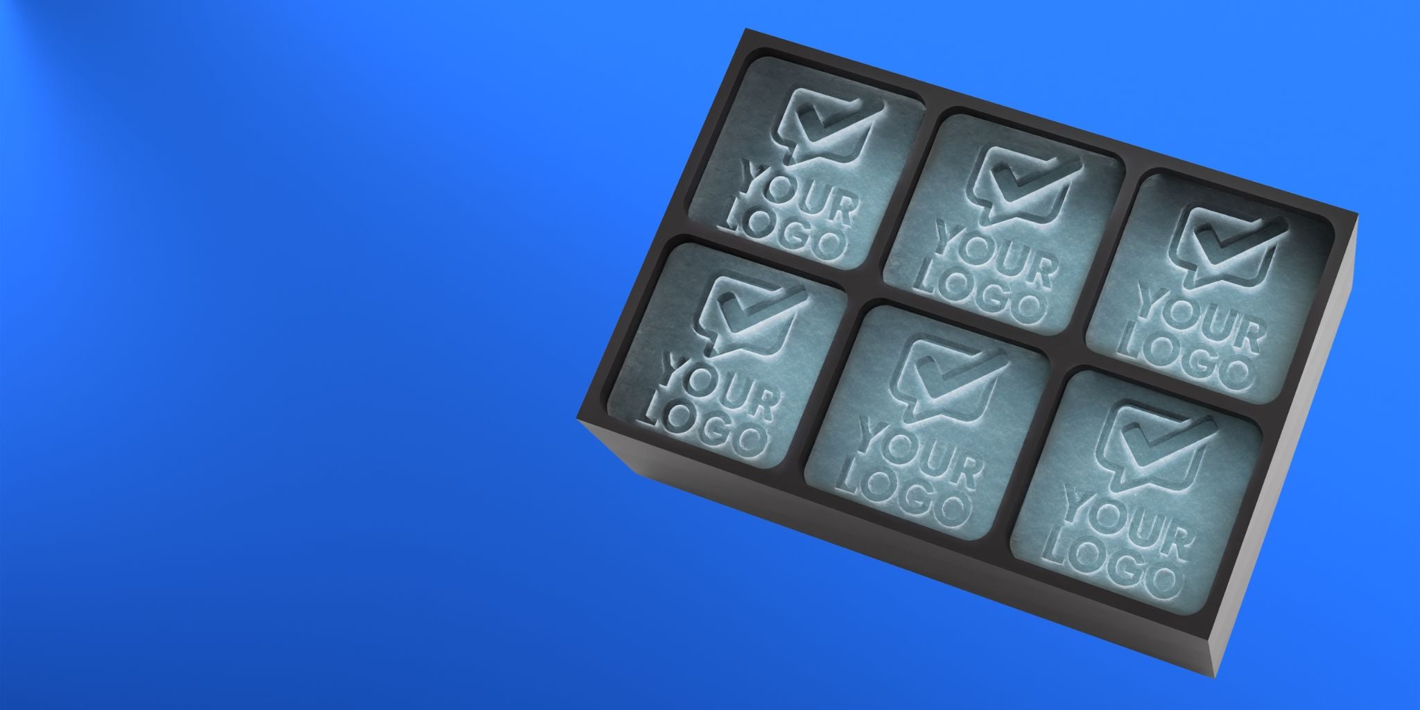 Close-up of a royal-blue silicone ice tray with six large embossed logo ice cubes, perfect for corporate branding, promotional events, and hospitality venues.