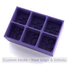 Purple silicone ice tray designed for The Frothy Fox, six cube moulds customisable with bar logos and initials.