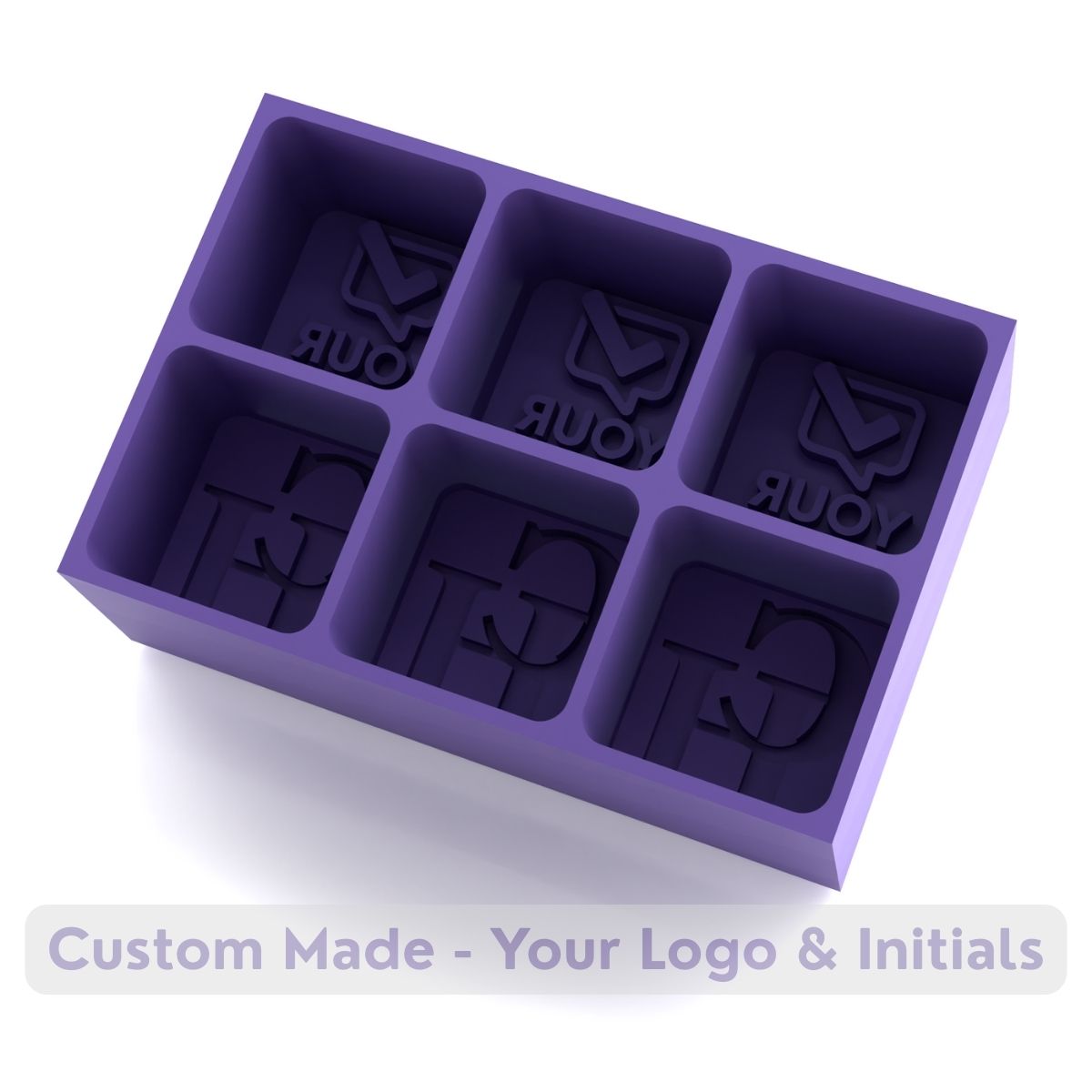 Deep purple silicone ice tray custom-made with logo and initials – bold impression mould for unforgettable branded ice.