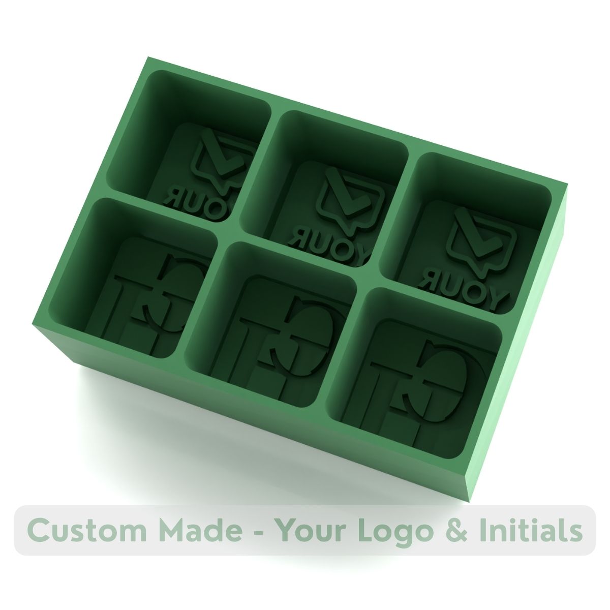 Forest green silicone ice tray with custom logo and initials cavities – reusable mould for unique branded ice cubes.