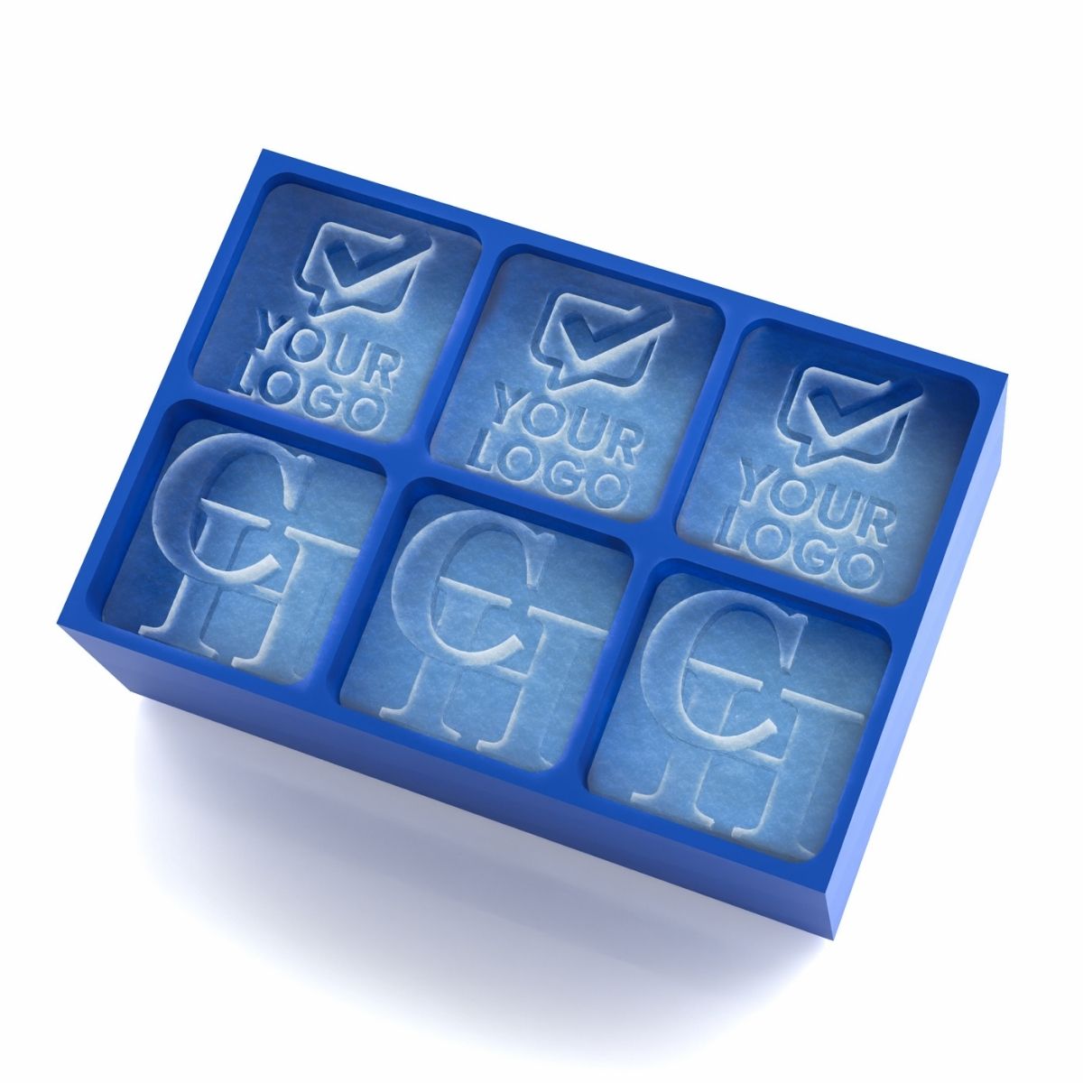 Handmade royal blue silicone ice tray with six cubes showcasing custom logo and initials – bold branded impressions for events and client gifts.