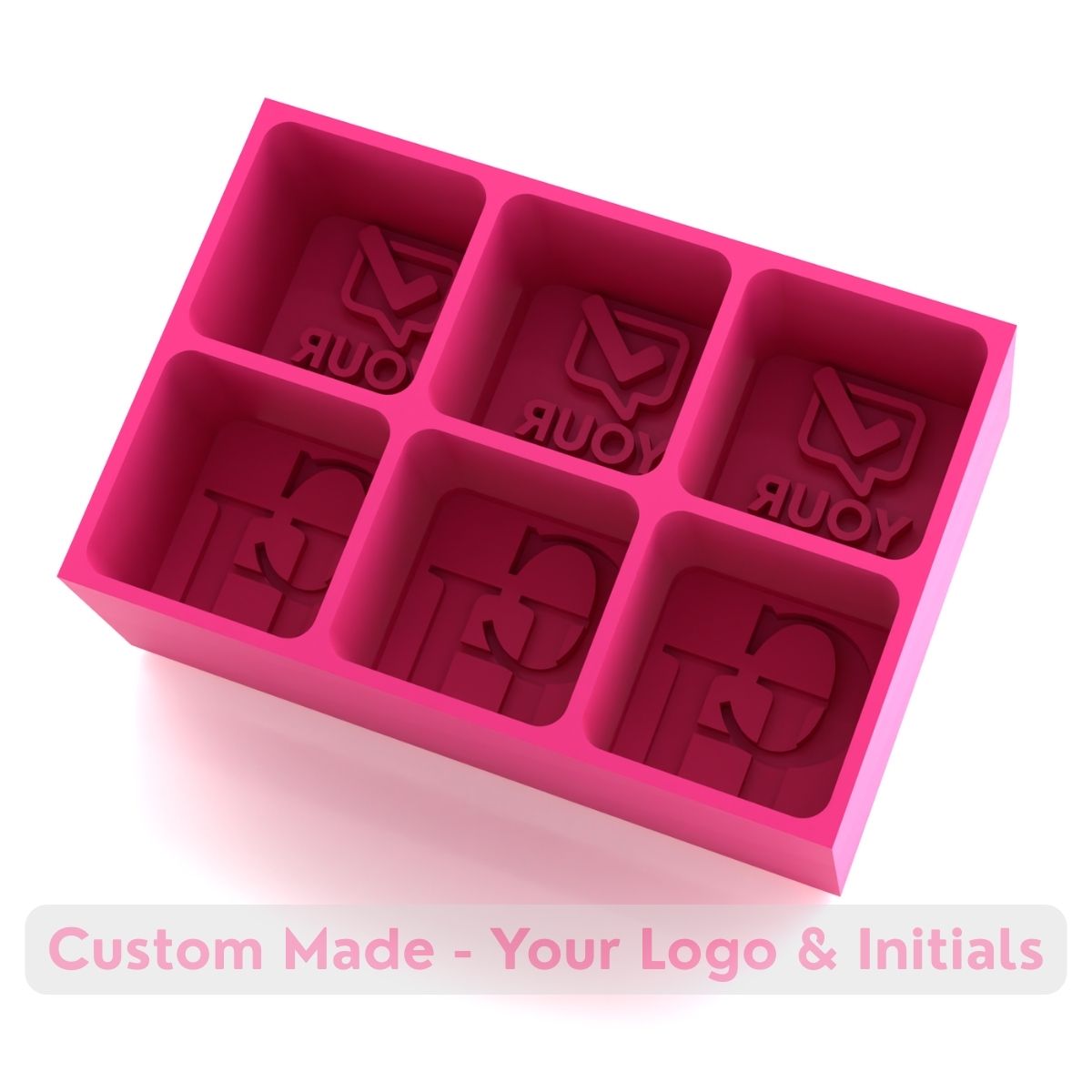 Vibrant pink silicone ice tray with six cavities for logo and initials – perfect for hospitality, events, and brand promotions.