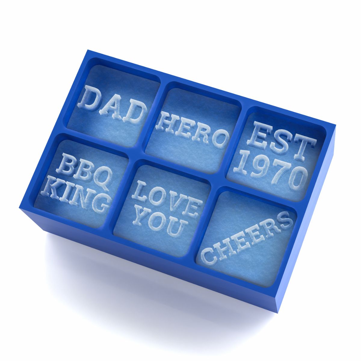 Royal blue 6-cube custom ice tray showing raised words DAD, HERO, EST 1970, BBQ KING, LOVE YOU, and CHEERS — a handmade platinum-silicone gift for dads.
