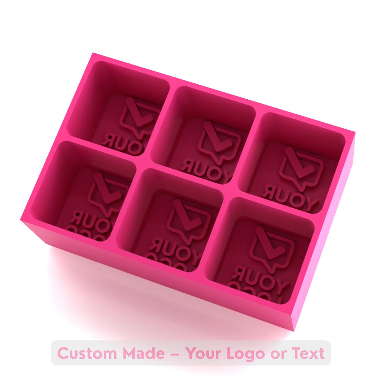 Pink custom silicone ice tray with six large cube cavities, sample engraving reading “Your Logo”, for personalised mould creation.