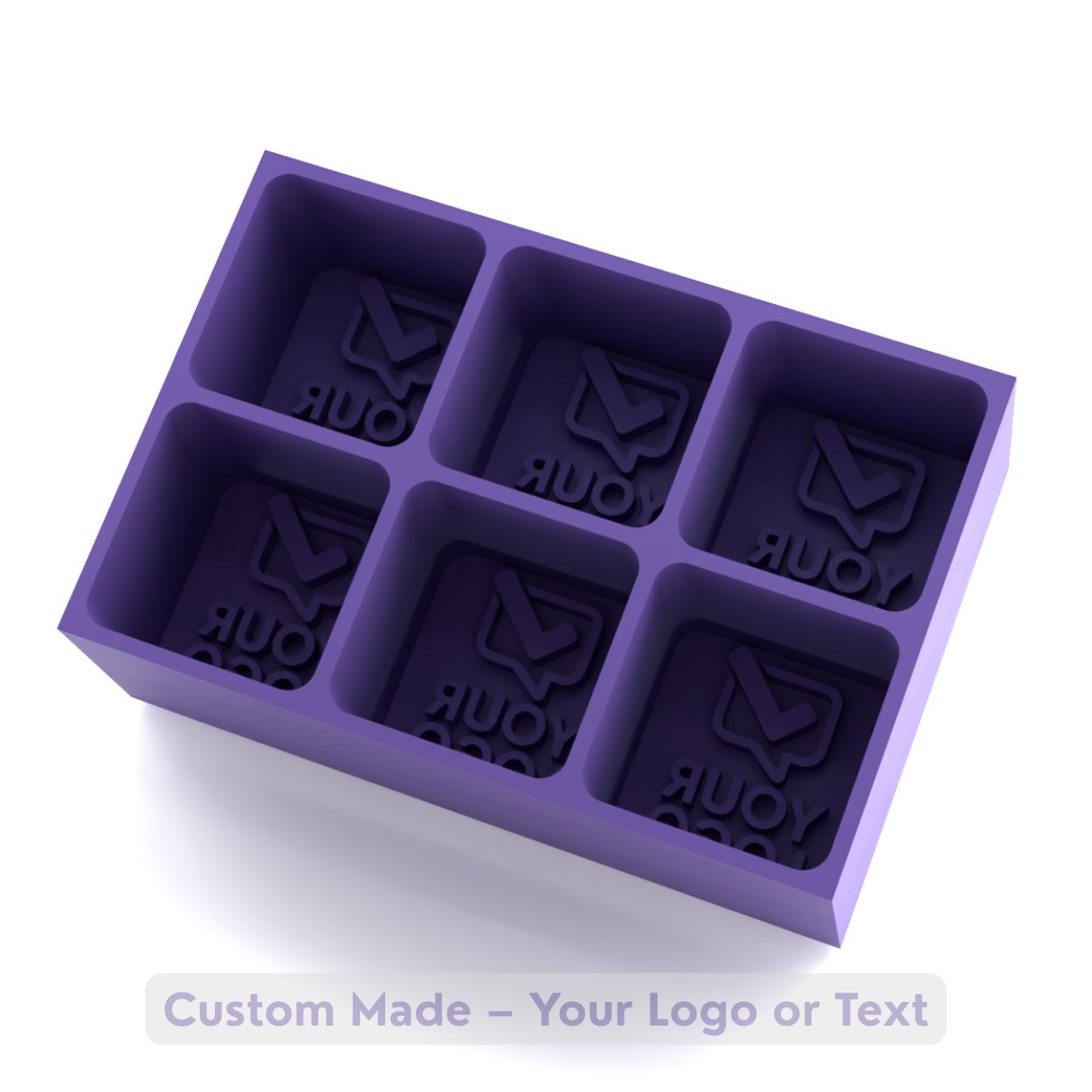 Purple custom silicone ice tray with six cube cavities, engraved “Your Logo” example, made for custom orders.
