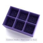 Purple custom silicone ice tray with six cube cavities, engraved “Your Logo” example, made for custom orders.