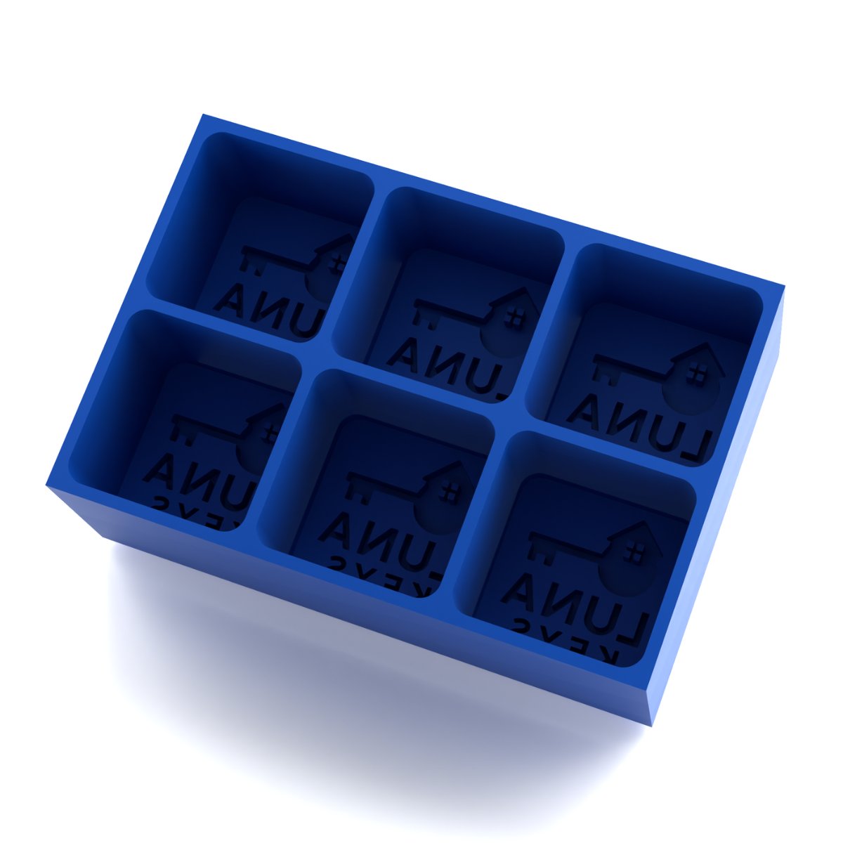 Blue platinum-silicone 6-cube tray mould featuring recessed “Luna Keys” house-and-key design, ready for freezing custom promotional ice cubes for real estate events.