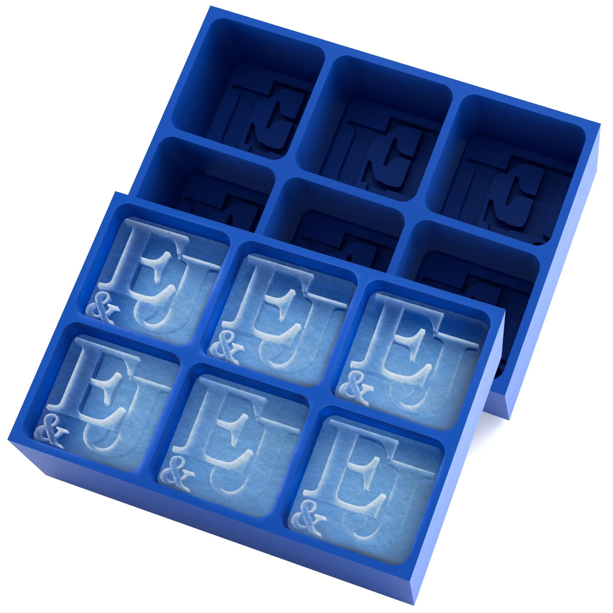 Royal-blue 6-cube tray with initials EJ engraved into clear cubes — handmade personalised ice mould for weddings and celebrations.