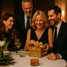 Woman in black dress opening a gold gift box at an elegant dinner table, surrounded by smiling family and partner, perfect for a heartfelt Mother’s Day surprise