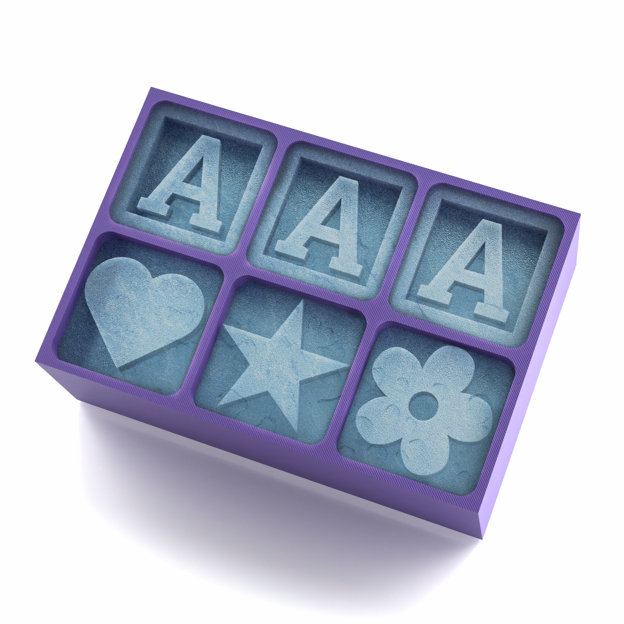 Purple customised ice cube tray with "A A A" monogram and soft flower, star, and heart details – a stylish and personal touch for gifting.