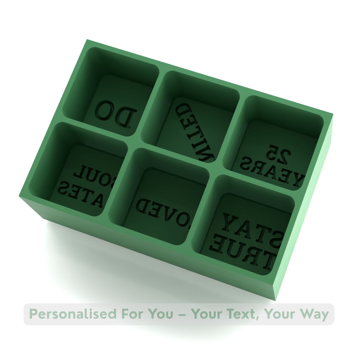 Elegant green silicone ice cube tray with six cube sections, each ready for your custom words or anniversary phrases, perfect for weddings or heartfelt gifts.