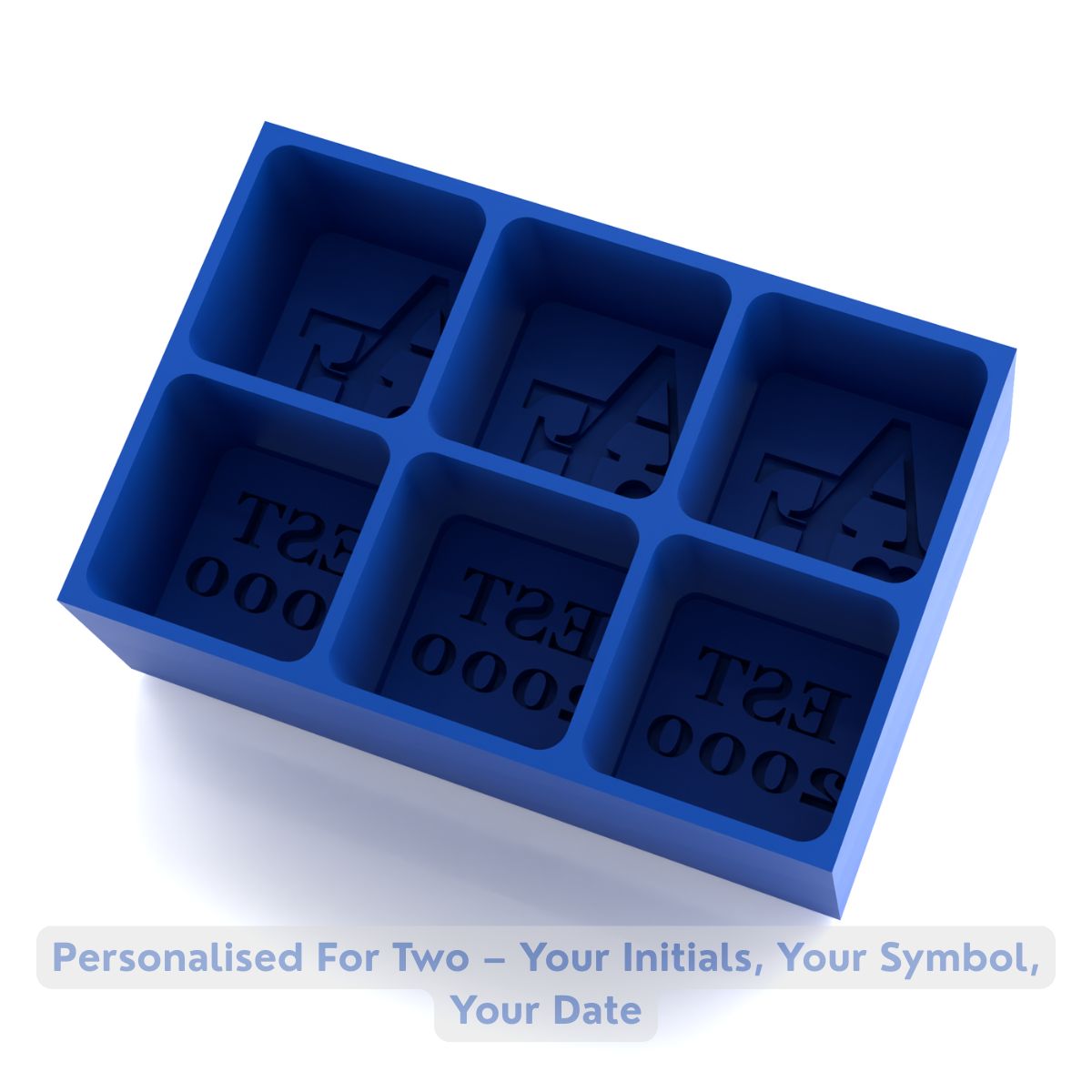 Empty blue mould with six 45 mm cube cavities for initials, symbol and EST year; premium platinum silicone
