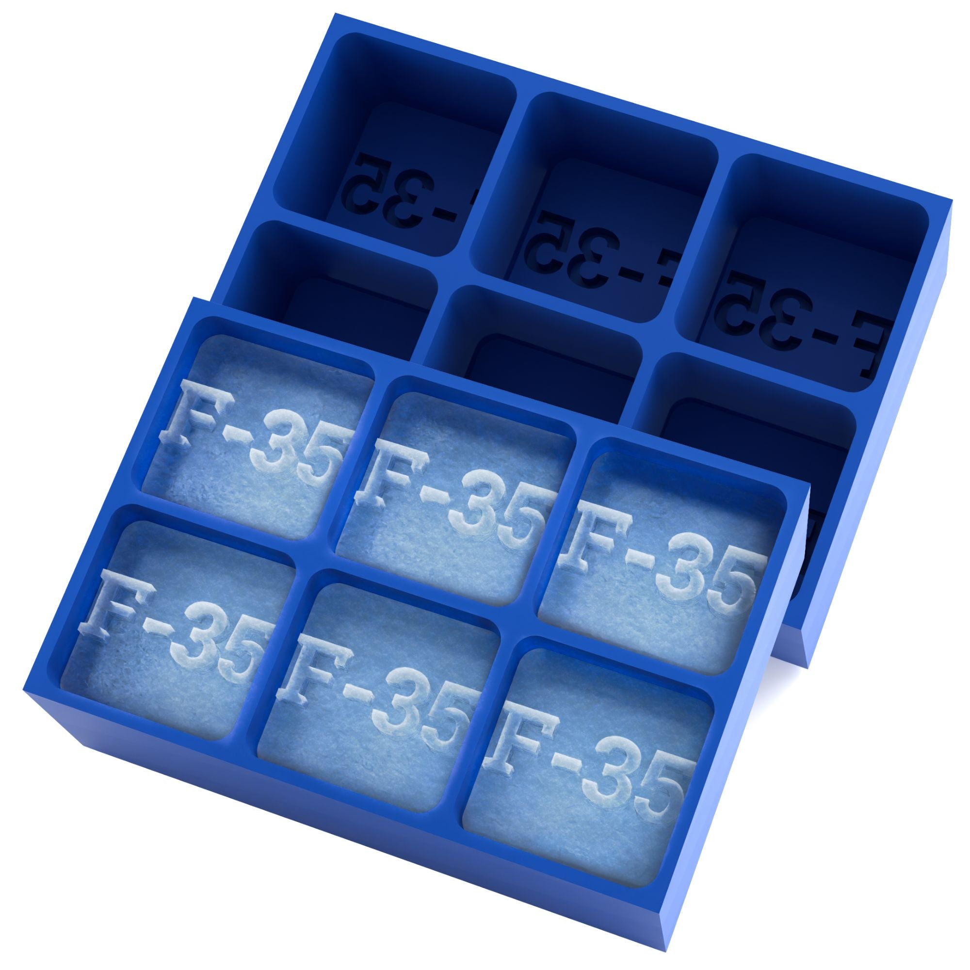 Royal-blue 6-cube silicone tray with F-35 text raised into clear square ice cubes — handmade custom promotional ice mould from Australia