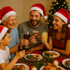 A happy multigenerational family gathered around a festive Christmas table, smiling and enjoying drinks with personalised alphabet ice cubes, capturing warmth, connection, and celebration.