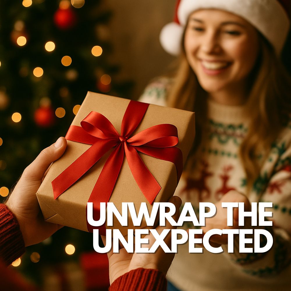 Two people exchange a gift during a festive holiday gathering. One person is smiling as they receive a neatly wrapped, rectangular box — the size and shape hint at a custom gift inside. The background is softly lit with warm tones, suggesting a Christmas or Secret Santa celebration.